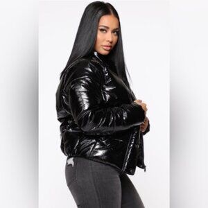 Fashion Nova Shiny Black Desired Puffer Jacket PU Shiny